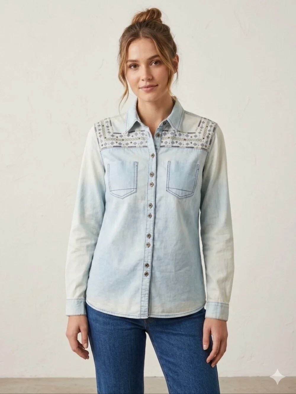 Red Ranch M Embroidered Denim Lslv Western Button Up Women Shirt Light Wash